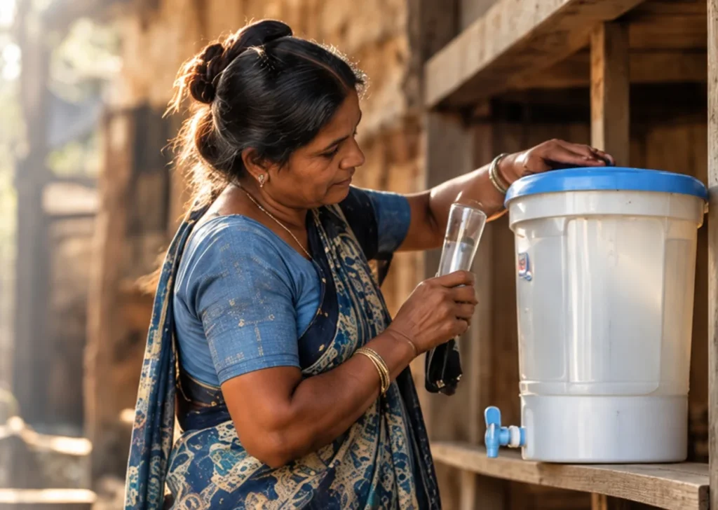 Woman using a water filter product