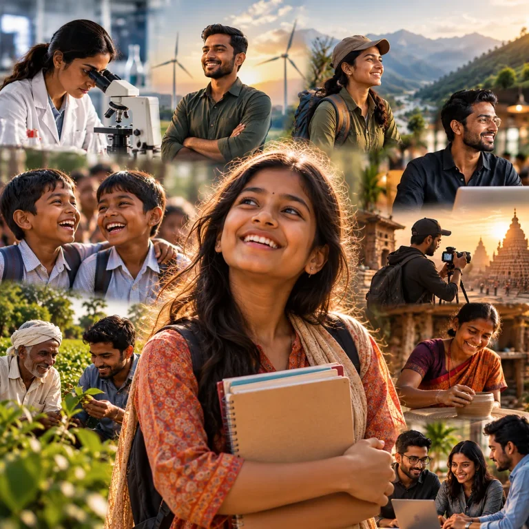 Collage of changemakers, students, farmers and founders across India