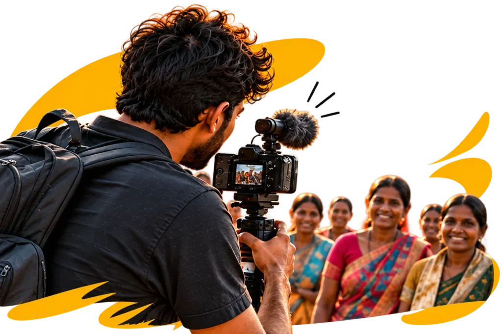 A filmmaker recording a group of smiling women