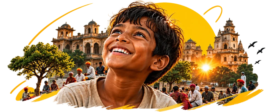 A boy looking up and smiling in front of a palace at sunset